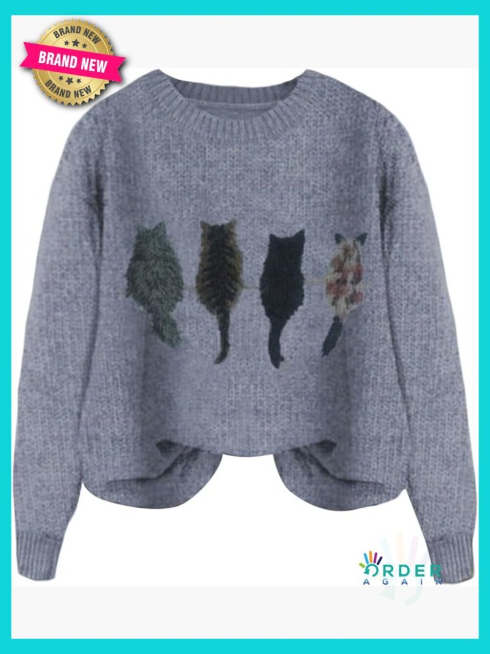 Women's Cat Graphic Sweater Crew Neck Knit Pullover Casual Knitwear